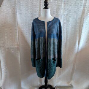 Talbots 100% Merino Wool Striped Open Long Line Cardigan Size L Duster